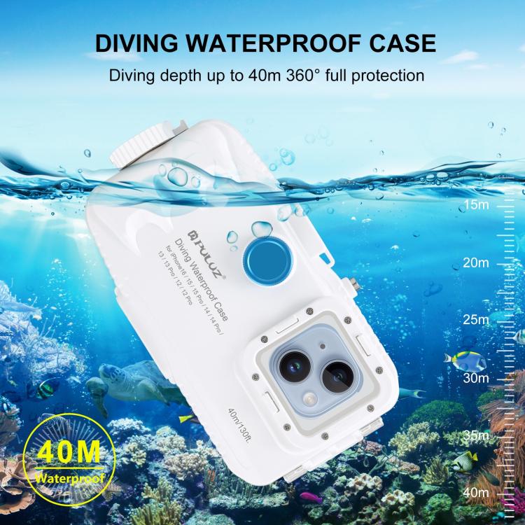 PULUZ 40m/130ft Waterproof Diving Case for iPhone 16 / 15 / 15 Pro / 14 / 14 Pro / 13 / 13 Pro / 12 / 12 Pro, with One-way Valve Photo Video Taking Underwater Housing Cover, For iPhone 16 / 15 / 15 Pro