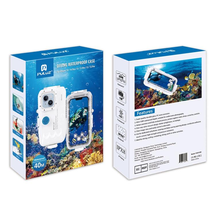 PULUZ 40m/130ft Waterproof Diving Case for iPhone 16 / 15 / 15 Pro / 14 / 14 Pro / 13 / 13 Pro / 12 / 12 Pro, with One-way Valve Photo Video Taking Underwater Housing Cover, For iPhone 16 / 15 / 15 Pro