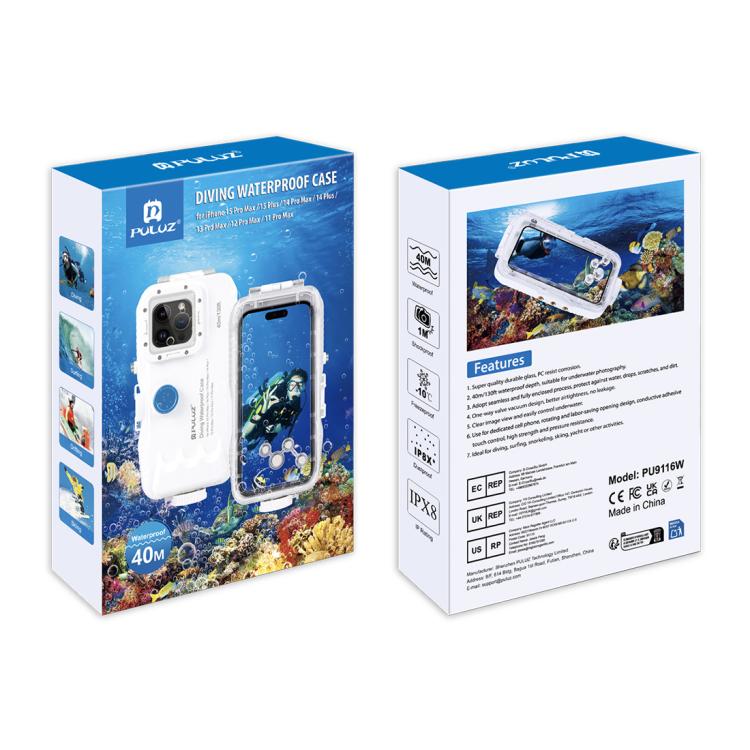 PULUZ 40m/130ft Waterproof Diving Case for 15 Pro Max / 15 Plus / iPhone 14 Plus / 14 Pro Max / 13 Pro Max / 12 Pro Max / 11 Pro Max, with One-way Valve Photo Video Taking Underwater Housing Cover, For iPhone 14 Plus / 14 Pro Max