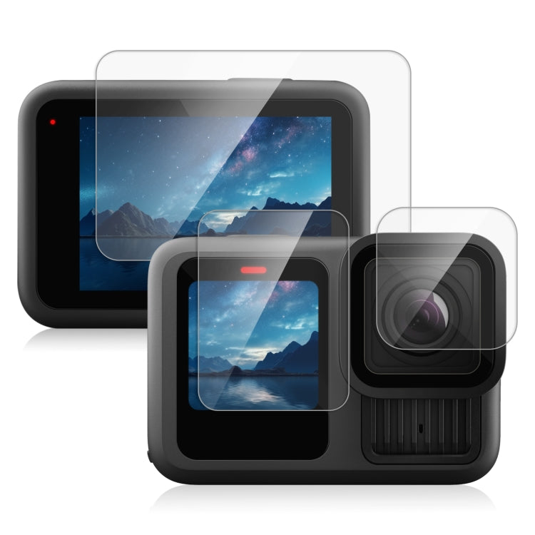 For GoPro HERO13 Black PULUZ 3 in 1 Lens and Front Back Screen 9H 2.5D Tempered Glass Film, For GoPro HERO13 Black