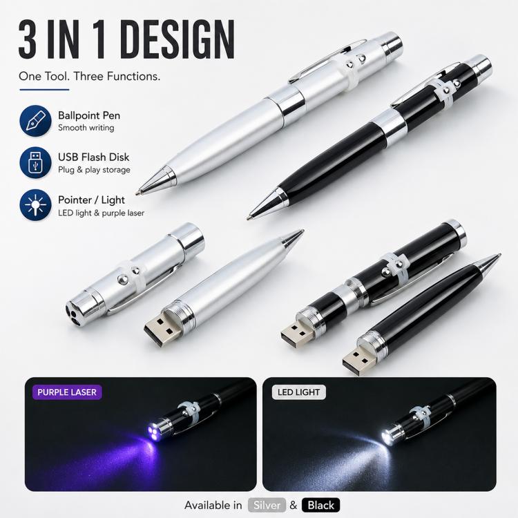3 in 1 Laser Pen Style USB Flash Disk, Silver (16GB), 2GB (Silver), 4GB (Silver), 8GB (Silver), 16GB (Silver), 2GB (Black), 4GB (Black), 8GB (Black), 16GB (Black)