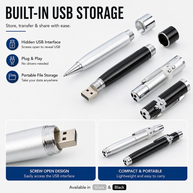 3 in 1 Laser Pen Style USB Flash Disk, Silver (16GB), 2GB (Silver), 4GB (Silver), 8GB (Silver), 16GB (Silver), 2GB (Black), 4GB (Black), 8GB (Black), 16GB (Black)