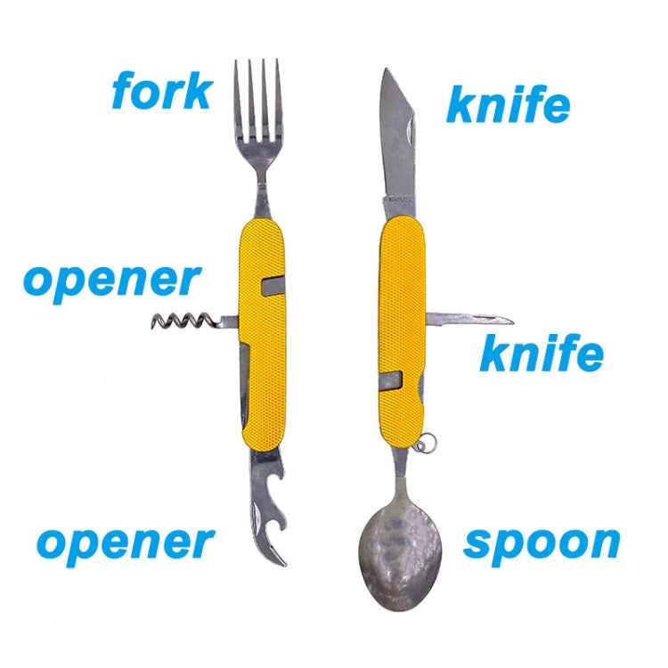 6-in-1 Stainless Steel Travel / Camping Folding Cutlery Set, Spoon + Fork + Knife + Bottle Opener Set