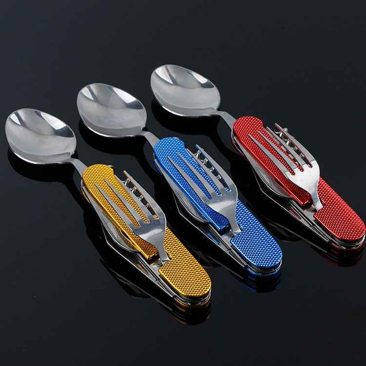 6-in-1 Stainless Steel Travel / Camping Folding Cutlery Set, Spoon + Fork + Knife + Bottle Opener Set