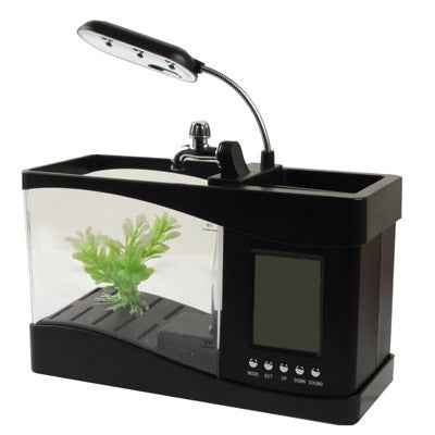 USB Desktop Aquarium Mini Fish Tank with Running Water and 6 LED Light, LCD Clock Display with Calendar, Time and Alarm (Holds 1.5 Quarts of Water)