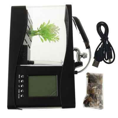 USB Desktop Aquarium Mini Fish Tank with Running Water and 6 LED Light, LCD Clock Display with Calendar, Time and Alarm (Holds 1.5 Quarts of Water)
