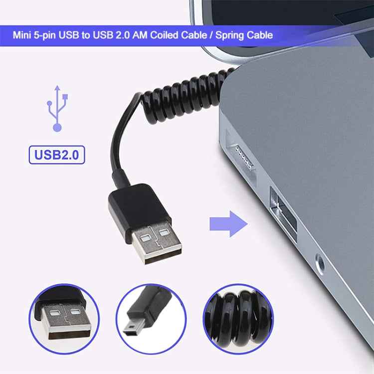 Mini 5-pin USB to USB 2.0 AM Coiled Cable / Spring Cable, Length: 25cm (can be extended up to 80cm)