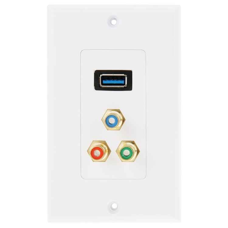 USB 3.0 Female Plug + 3 RCA Female Plugs Wall Plate Panel