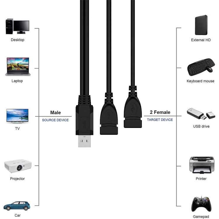 USB 2.0 Male to 2 Dual USB Female Jack Adapter Cable for Computer / Laptop, Length: About 30cm