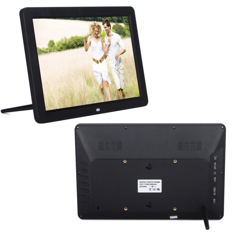 Marco de fotos digital multimedia con pantalla LED de 12 pulgadas, soporte, reproductor de música y películas, control remoto, compatible con USB/SD y altavoz estéreo integrado.