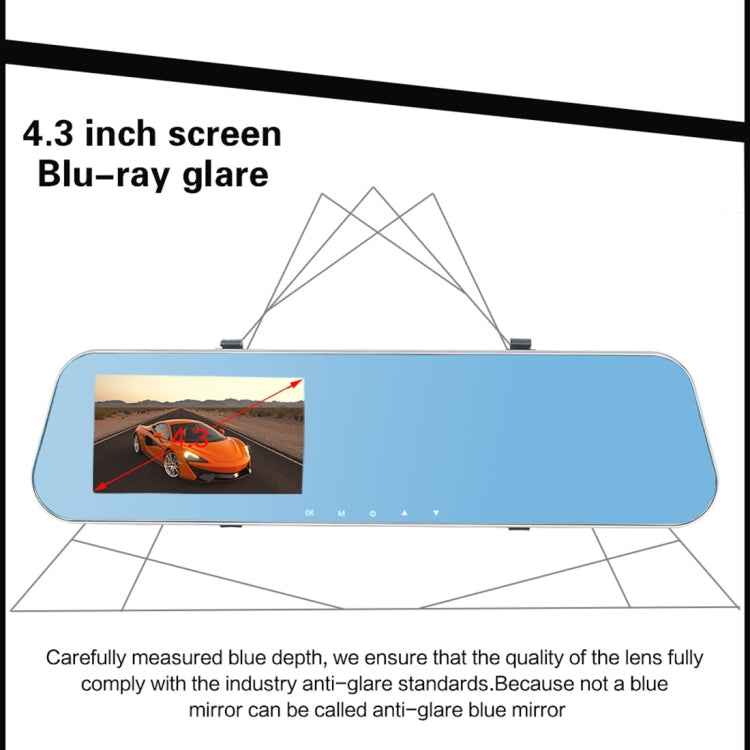 Full HD 1080P 4.3 inch Screen Display Dual Camera Vehicle DVR, 140 Degree Wide Angle Viewing, Support Night Vision / Parking Monitoring / Loop Recording / Motion Detection / G-Sensor / TF Card