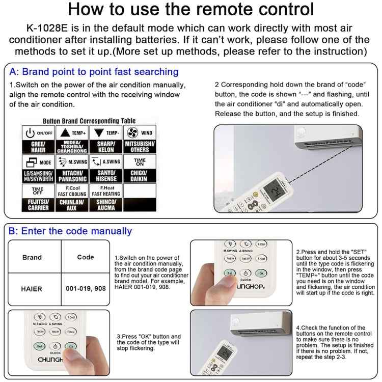 Chunghop K-1028E 1000 in 1 Universal A/C Remote Controller with Flashlight