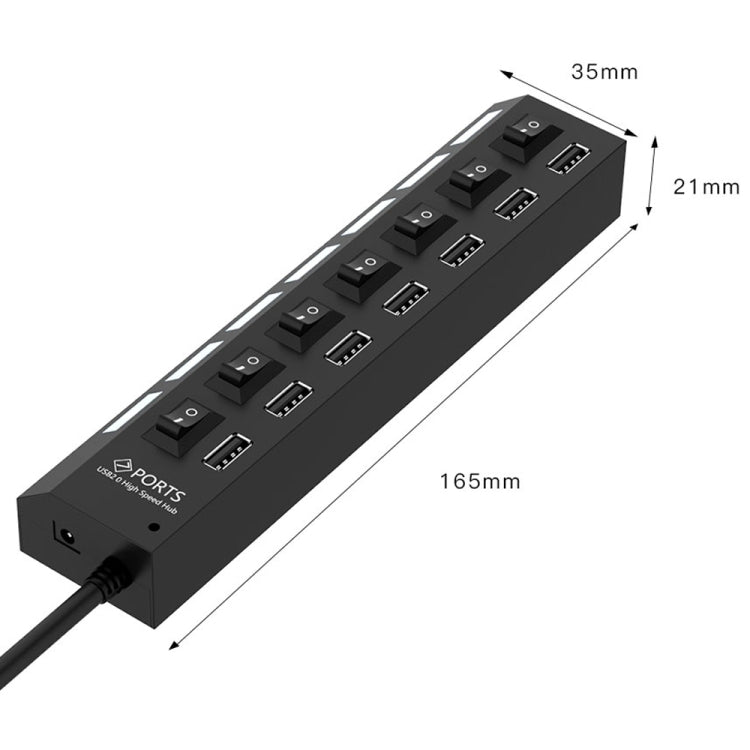 7 Ports USB Hub 2.0 USB Splitter High Speed 480Mbps with ON/OFF Switch / 7 LEDs, 7 Ports (Black)