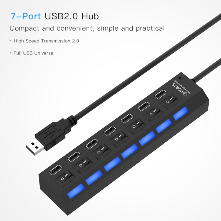 7 Ports USB Hub 2.0 USB Splitter High Speed 480Mbps with ON/OFF Switch / 7 LEDs, 7 Ports (Black)