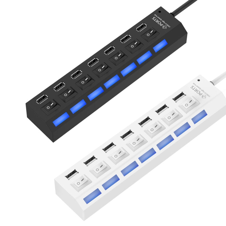 7 Ports USB Hub 2.0 USB Splitter High Speed 480Mbps with ON/OFF Switch / 7 LEDs, 7 Ports (Black)