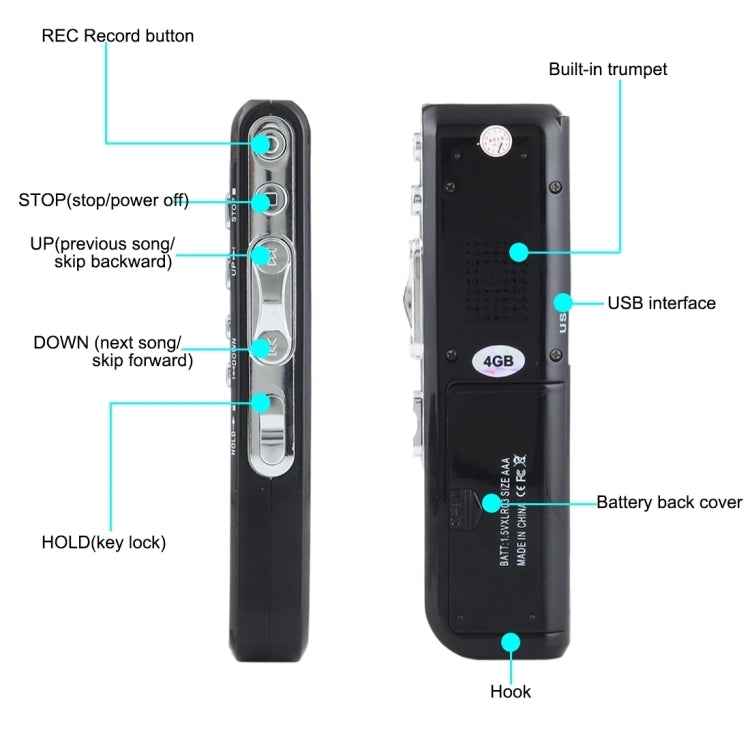 8GB Digital Voice Recorder Dictaphone MP3 Player, Support Telephone recording, VOX function, Power supply: 2 x AAA battery(Black)