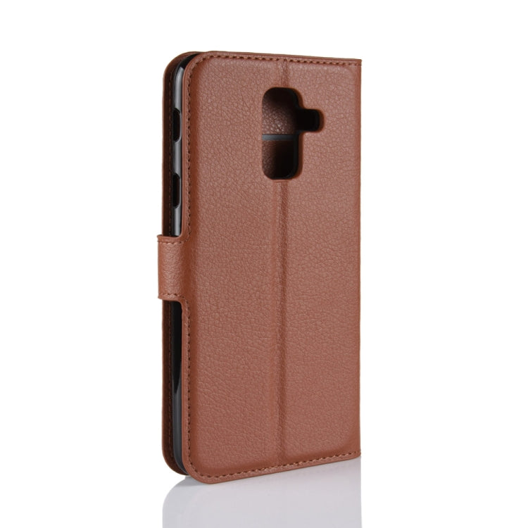 Étui à rabat horizontal en cuir pour Galaxy A6+ 2018, texture litchi, avec support, emplacements pour cartes et portefeuille