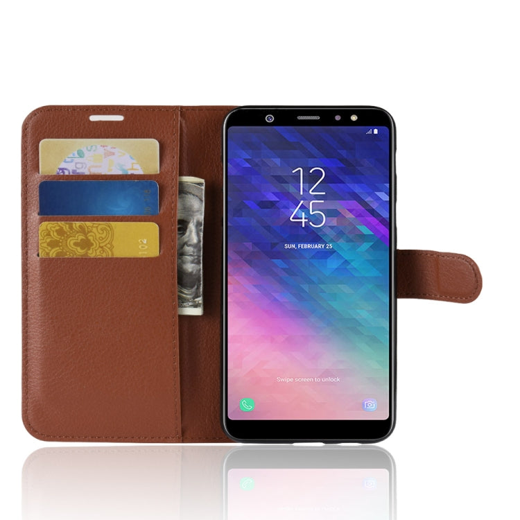 Étui à rabat horizontal en cuir pour Galaxy A6+ 2018, texture litchi, avec support, emplacements pour cartes et portefeuille