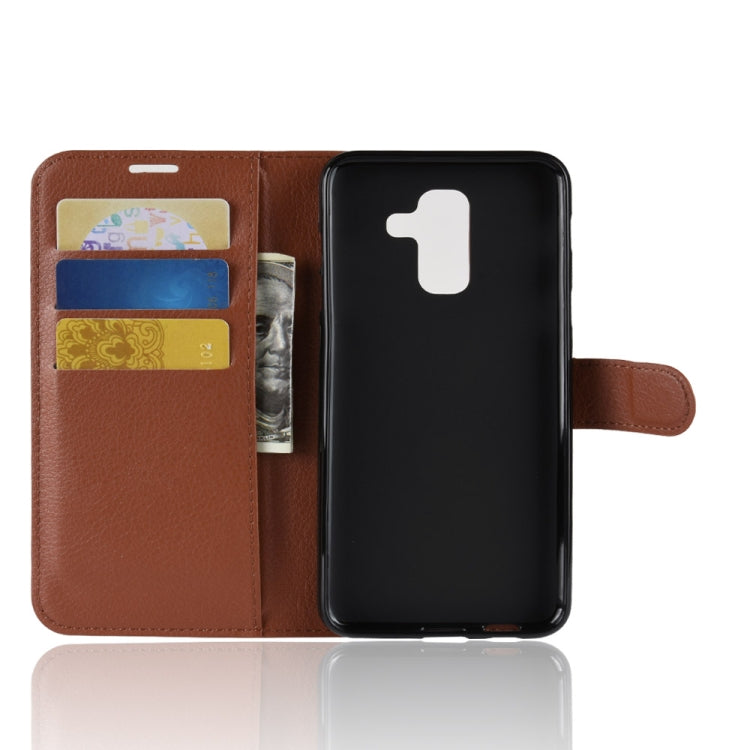 Étui à rabat horizontal en cuir pour Galaxy A6+ 2018, texture litchi, avec support, emplacements pour cartes et portefeuille