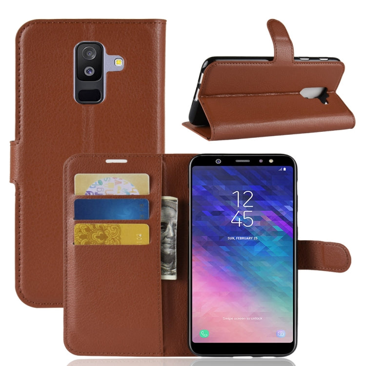 Étui à rabat horizontal en cuir pour Galaxy A6+ 2018, texture litchi, avec support, emplacements pour cartes et portefeuille