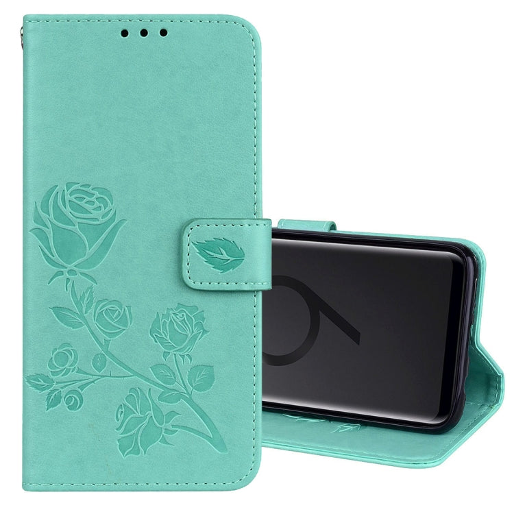 Étui à rabat horizontal en cuir PU écologique avec support, emplacements pour cartes et portefeuille, motif rose gaufré, pour Galaxy S9+, Samsung Galaxy S9+