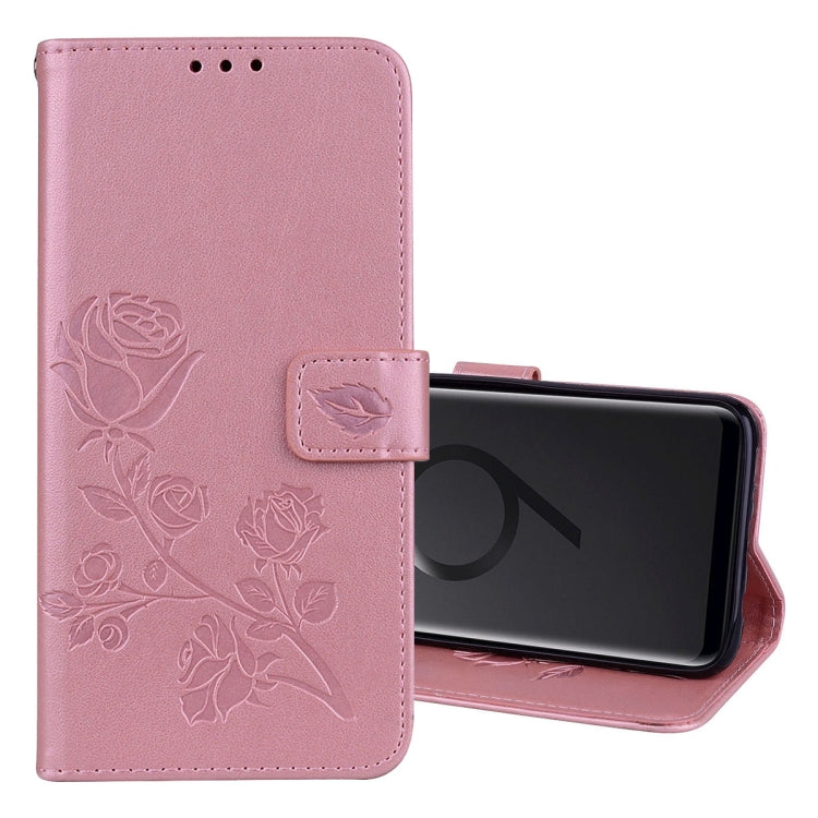 Étui à rabat horizontal en cuir PU écologique avec support, emplacements pour cartes et portefeuille, motif rose gaufré, pour Galaxy S9+, Samsung Galaxy S9+