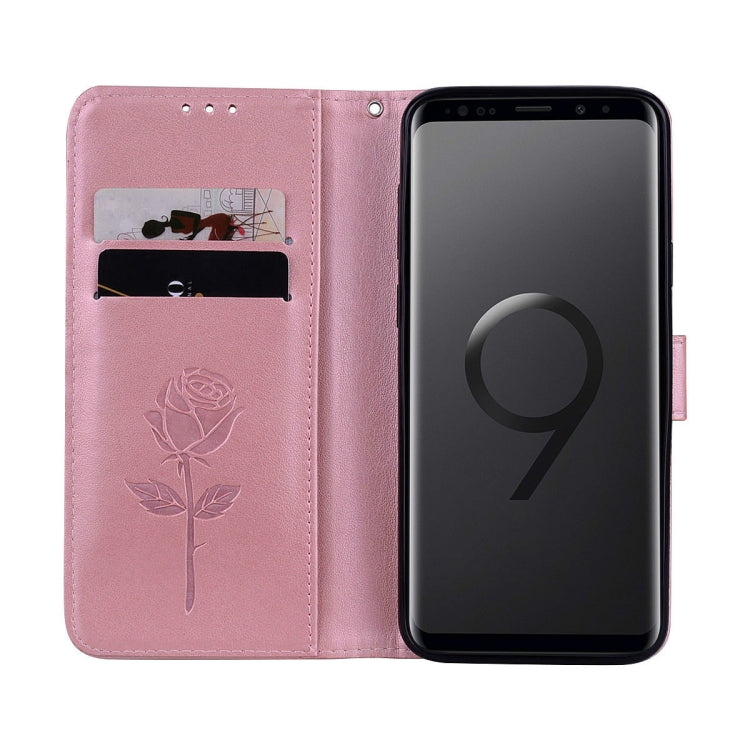Étui à rabat horizontal en cuir PU écologique avec support, emplacements pour cartes et portefeuille, motif rose gaufré, pour Galaxy S9+, Samsung Galaxy S9+