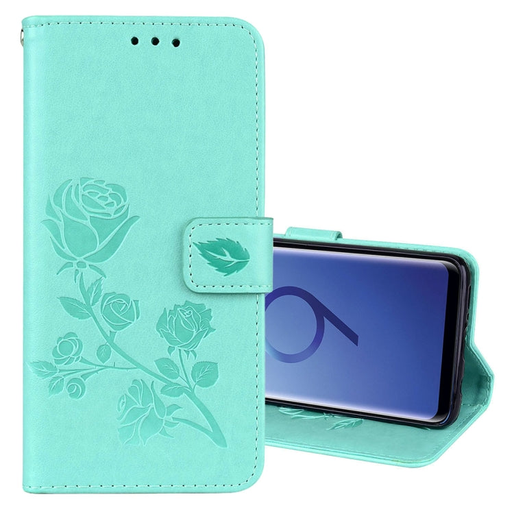 Funda de piel sintética con tapa horizontal, con relieve rosa, con ranuras para tarjetas y billetera para Galaxy S9