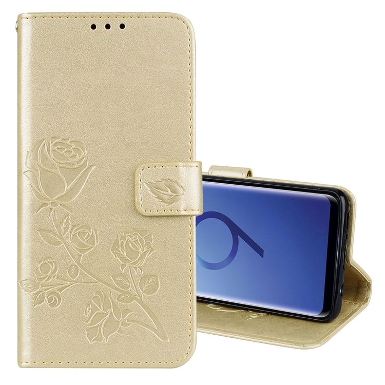 Funda de piel sintética con tapa horizontal, con relieve rosa, con ranuras para tarjetas y billetera para Galaxy S9