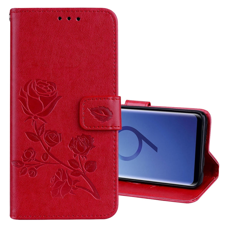 Funda de piel sintética con tapa horizontal, con relieve rosa, con ranuras para tarjetas y billetera para Galaxy S9