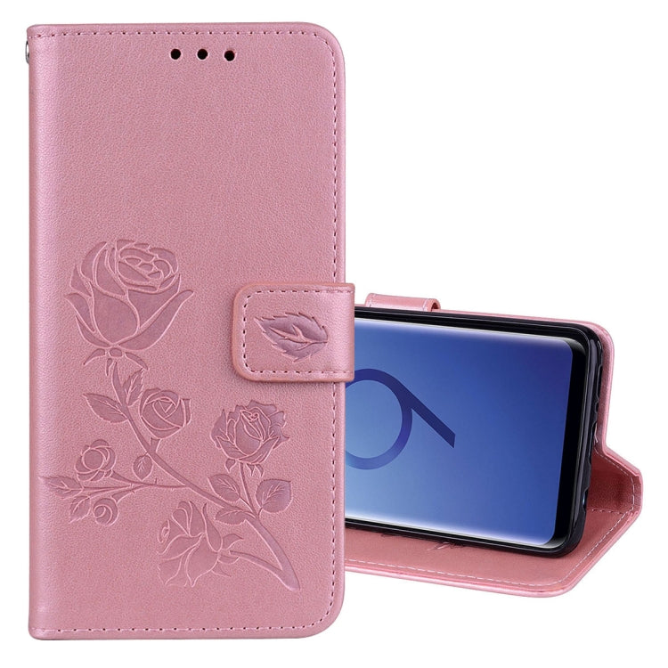 Funda de piel sintética con tapa horizontal, con relieve rosa, con ranuras para tarjetas y billetera para Galaxy S9