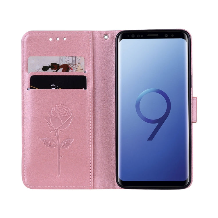 Funda de piel sintética con tapa horizontal, con relieve rosa, con ranuras para tarjetas y billetera para Galaxy S9