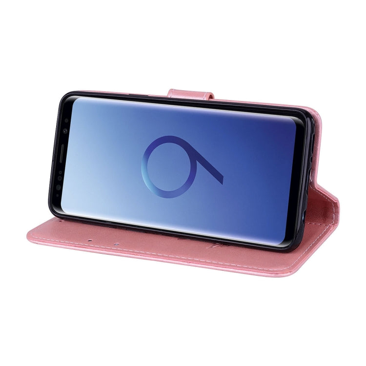 Funda de piel sintética con tapa horizontal, con relieve rosa, con ranuras para tarjetas y billetera para Galaxy S9