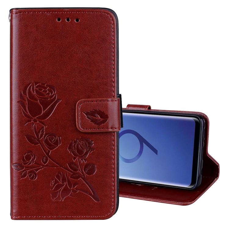Funda de piel sintética con tapa horizontal, con relieve rosa, con ranuras para tarjetas y billetera para Galaxy S9