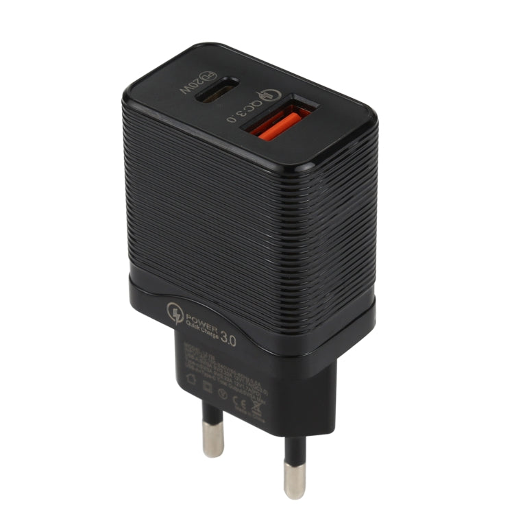 LZ-728 QC 3.0 USB + PD 20W USB-C / Type-C Fast Travel Charger, EU Plug, EU Plug