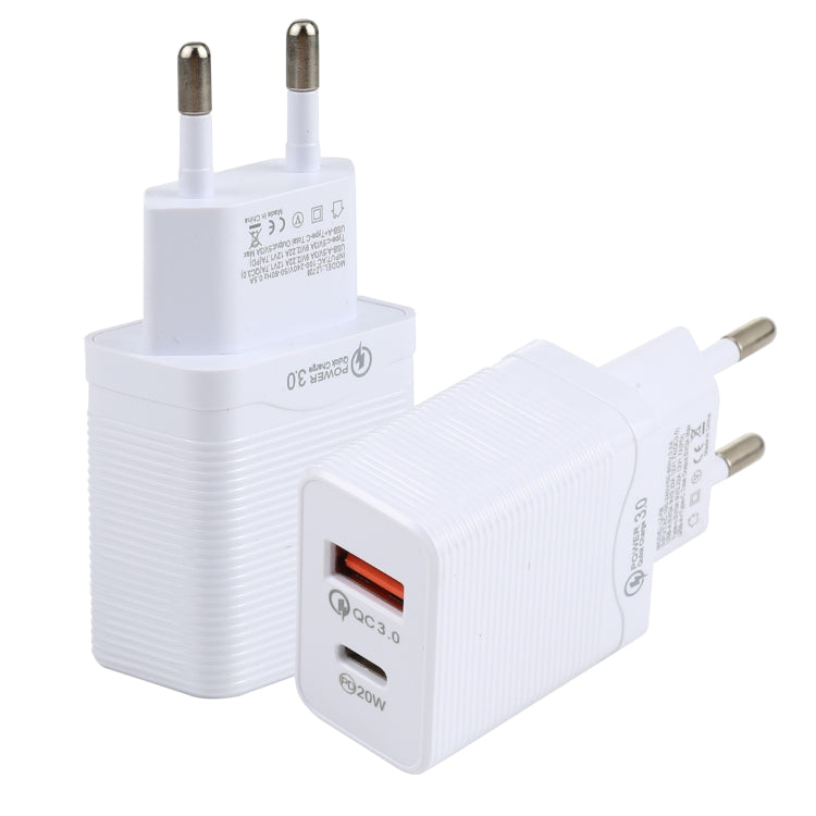 LZ-728 QC 3.0 USB + PD 20W USB-C / Type-C Fast Travel Charger, EU Plug, EU Plug