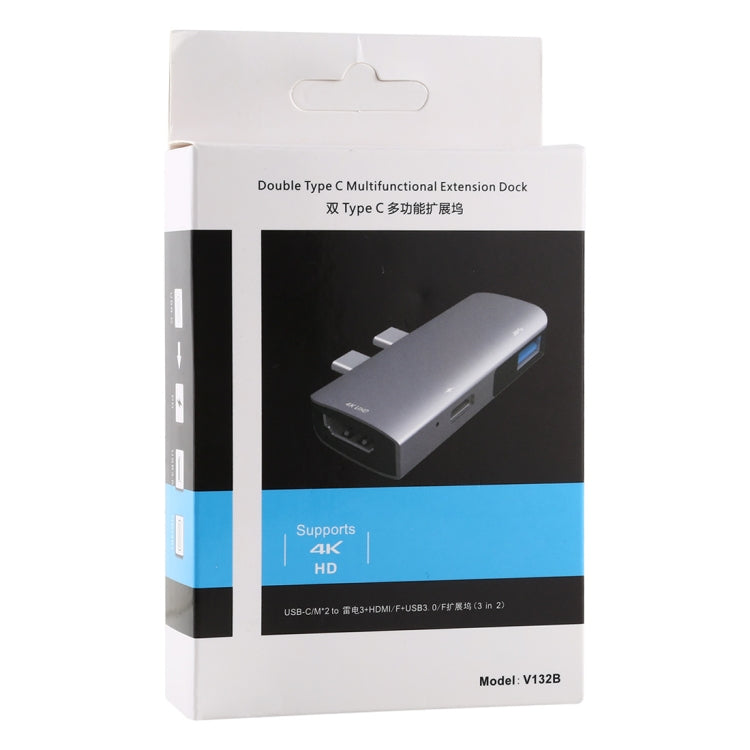 Double USB-C / Type-C to PD Port + USB 3.0 + HDMI Multifunctional Extension HUB Adapter