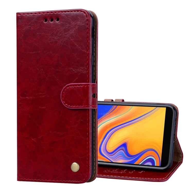 Business Style Oil Wax Texture Horizontal Flip Leather Case for Galaxy J4+, with Holder & Card Slots & Wallet