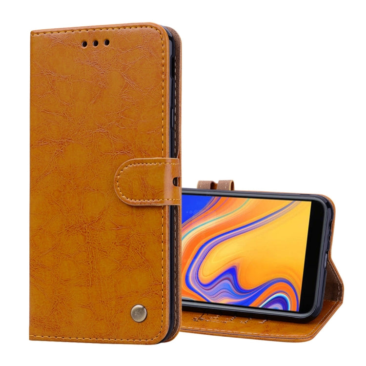 Business Style Oil Wax Texture Horizontal Flip Leather Case for Galaxy J4+, with Holder & Card Slots & Wallet