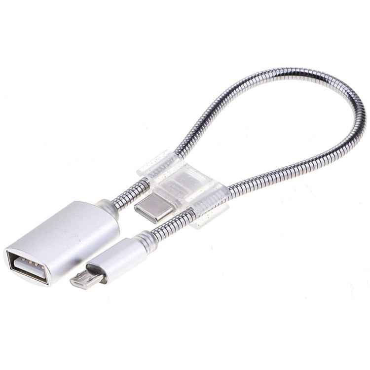 24cm 2A Micro USB to USB Aluminum Alloy Hose OTG Adapter Data Charging Cable with USB-C / Type-C Connector