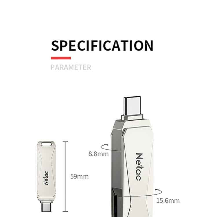 Netac U782C 128GB USB-C / Type-C + USB 3.0 360 Degrees Rotation Zinc Alloy Flash Drive OTG U Disk