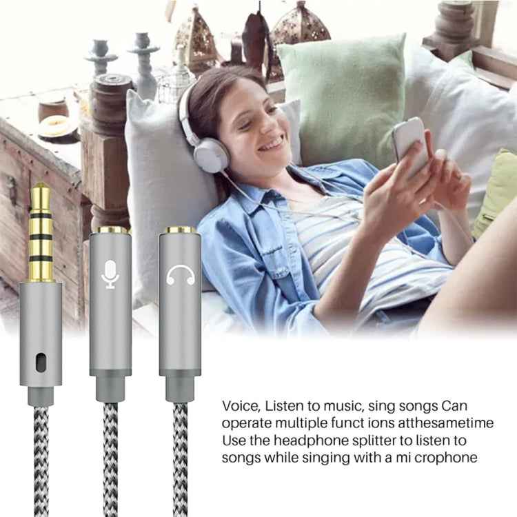 HY191 2 in 1 3.5mm Male to Microphone + Audio Female Braided Audio Cable, Length: 26cm