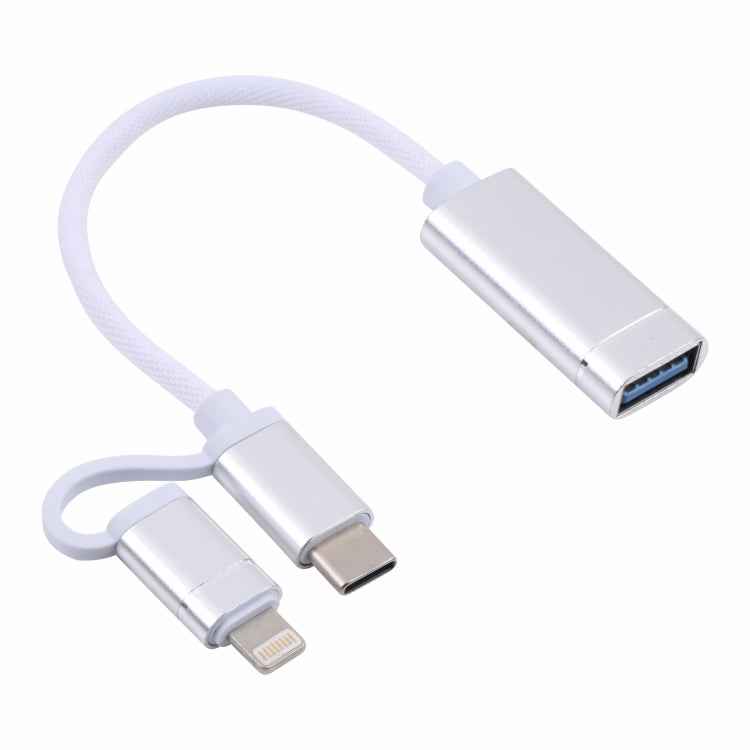 USB 3.0 Female to 8 Pin + USB-C / Type-C Male Charging + Transmission OTG Nylon Braided Adapter Cable, Cable Length: 11cm, 8 Pin Silver + White, 8 Pin Black, 8 Pin Red, 8 Pin Blue