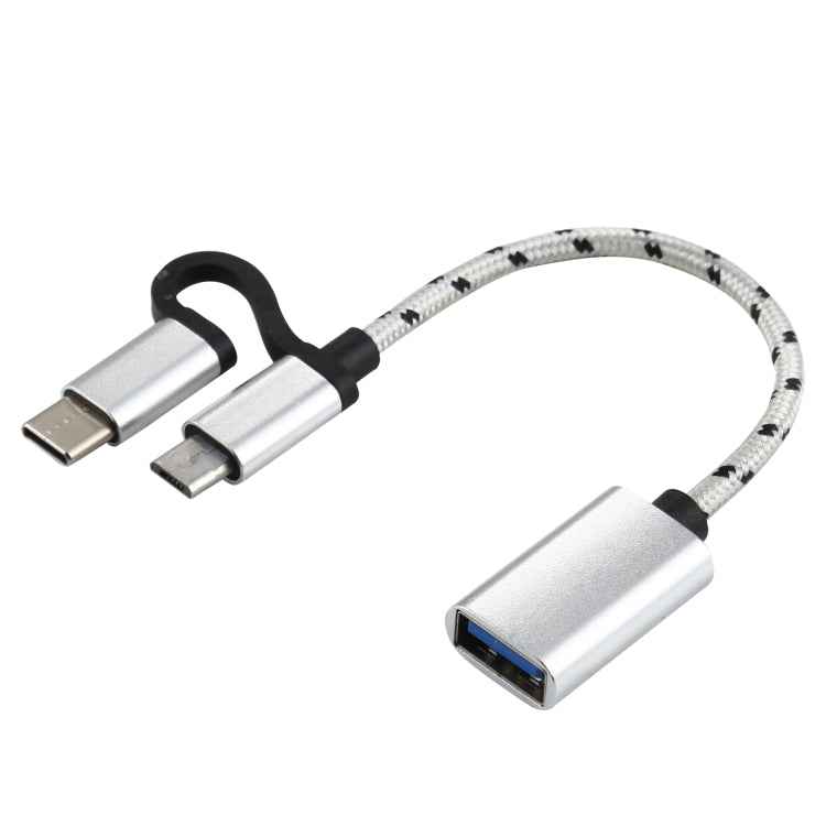 USB 3.0 Female to Micro USB + USB-C / Type-C Male Charging + Transmission OTG Nylon Braided Adapter Cable, Cable Length: 11cm