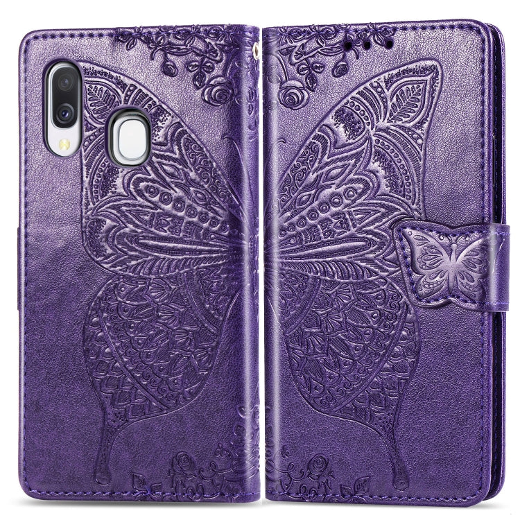 Butterfly Love Flowers Embossing Horizontal Flip Leather Case for Galaxy A40, with Holder & Card Slots & Wallet & Lanyard