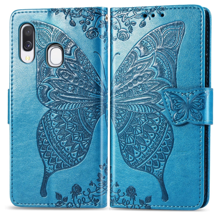 Butterfly Love Flowers Embossing Horizontal Flip Leather Case for Galaxy A40, with Holder & Card Slots & Wallet & Lanyard