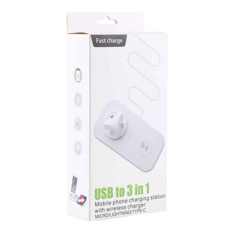 USB to 3 in 1 (8 Pin + Micro USB + USB-C / Type-C) Dock Charger Desktop Charging Data Sync Stand Station Holder with Qi Wireless Charger & USB Cable