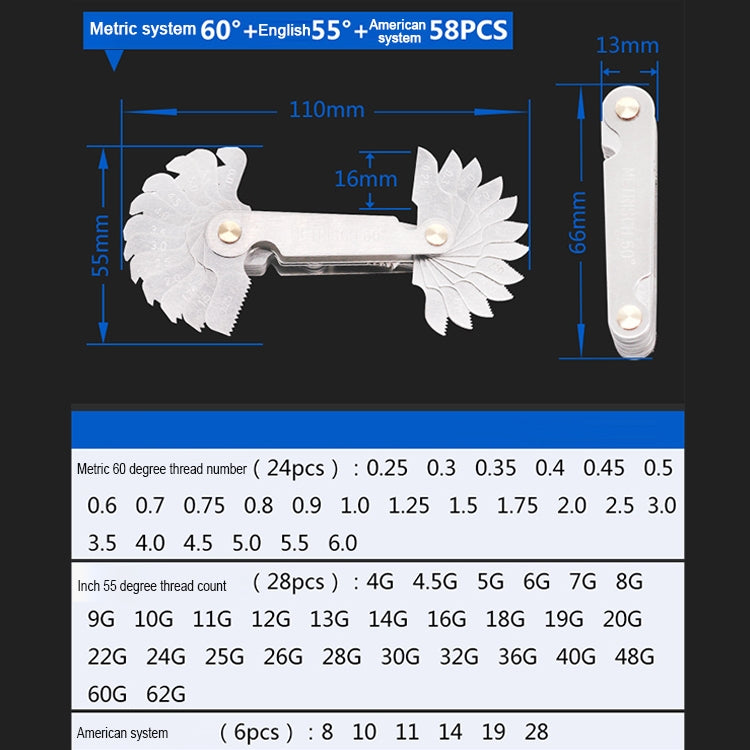 58 PCS Metric 60 Degrees +British 55 Degrees CR Stainless Steel Thread Gauge, 58 PCS Thread Gauge