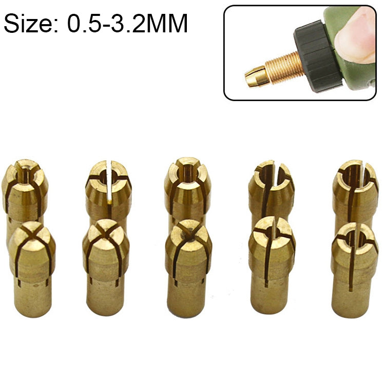 10 in 1 Three-claw Copper Clamp Nut for Electric Mill Fittings,Bore diameter: 0.5-3.2mm, Bore diameter: 0.5-3.2mm