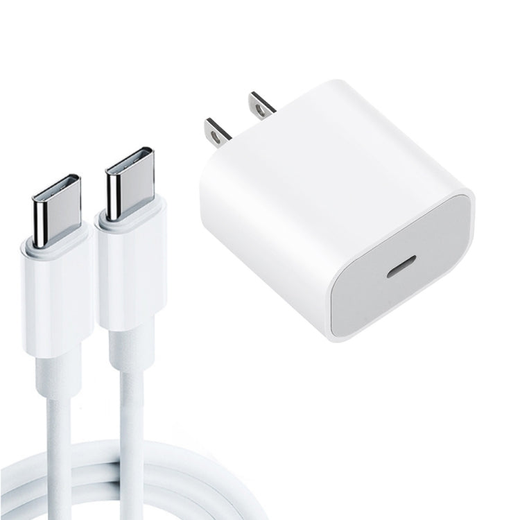 Cargador de viaje 2 en 1 PD de 20 W con un solo puerto USB-C/Tipo C + Juego de cables de datos de carga rápida PD 3.0 USB-C/Tipo C a USB-C/Tipo C de 3 A, longitud del cable: 1 m, enchufe estadounidense, 20 W, 1 m